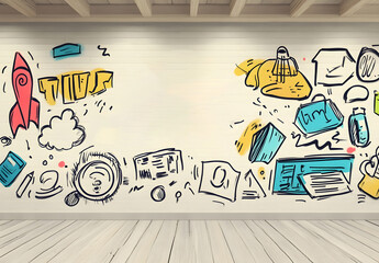 Fototapeta premium Creative Sketches on White Wall with Lightbulbs, Rocket, and Doodles for Brainstorming Ideas