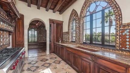 Luxurious Mediterranean-style kitchen with ornate tile backsplash, copper accents, and arched windows 