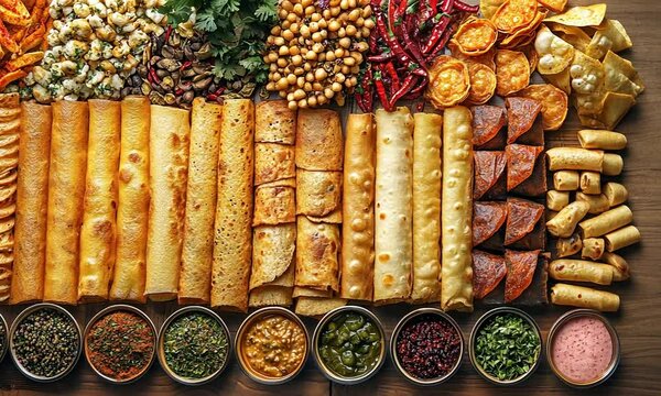 A vibrant spread of various Indian snacks and accompaniments arranged beautifully.