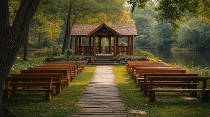 A wooden gazebo with wooden benches set up for a wedding ceremony in a lush green forest by a lake.