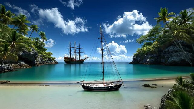 Pristine turquoise lagoon nestled between lush tropical cliffs. Classic sailboat anchored in crystal-clear waters. Palm trees frame white sandy beach. Dramatic blue sky with billowing cumulus clouds. 