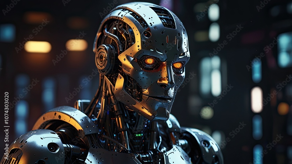 Poster a highly developed robot with metallic surfaces and brightly glowing eyes is showcased in a dark tec