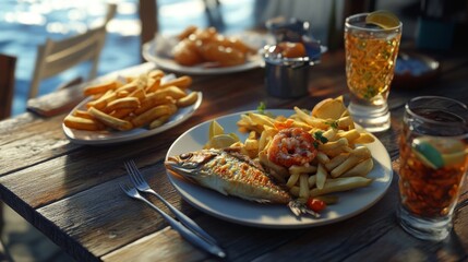 Casual seafood dinner with fish and chips