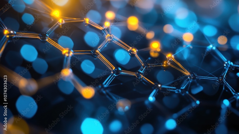 Poster abstract representation of molecular structures with glowing nodes on a dark background.