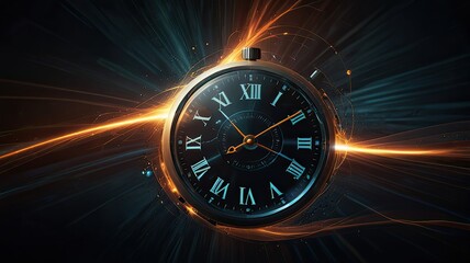 A classic clock displays Roman numerals while dynamic light rays swirl around it creating an enchanting visual effect against a dark backdrop