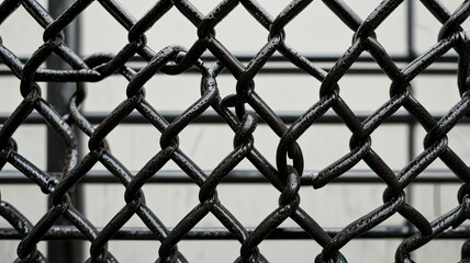 A detailed view highlights the interwoven strands of a chain link fence emphasizing its dark finish and intricate patterns against a light background