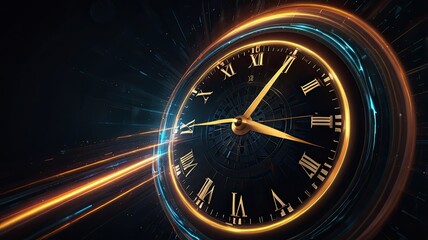 The clock features golden details and Roman numerals elegantly illuminated by vibrant light trails against a dark backdrop creating a sense of movement