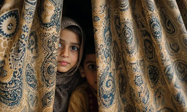 Two children peek through a patterned curtain, showcasing curiosity and innocence.
