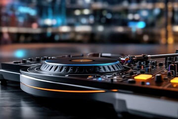 Vibrant turntable: dynamic dj backdrop designed for music disc jockeys, lively sound waves,...