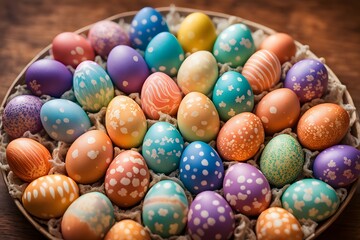 A rainbow of easter eggs arranged in a circle with each egg having a unique pattern, Ai Generated