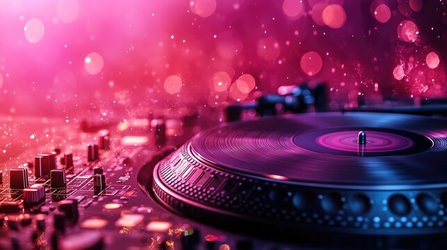 Energetic soundscape: dj turntable backdrop, vibrant colors, lively designs, essence of music and rhythm, perfect for events, promotions, with a blank area for logos or messages.