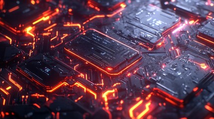 Obraz premium A close-up view of a high-tech circuit board with glowing elements.
