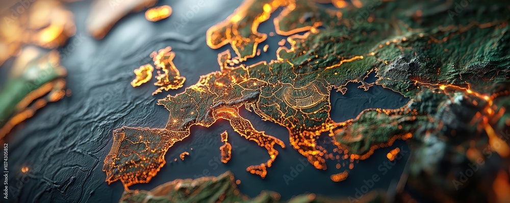 Poster detailed 3d map of europe with illuminated features on a dark background.