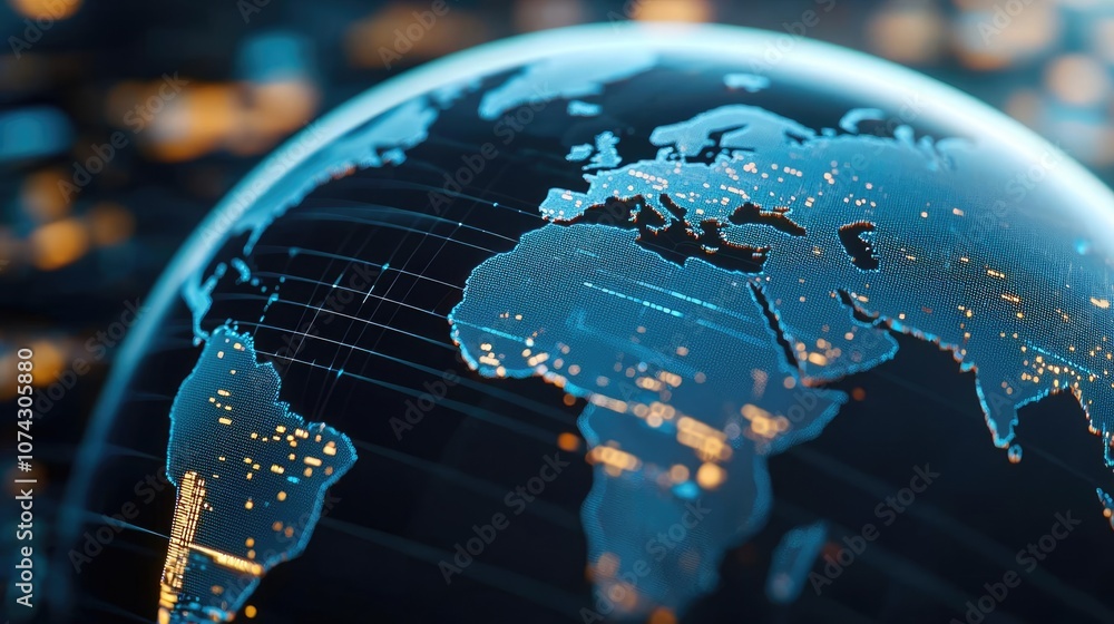 Poster close-up view of a glowing globe illustrating global connectivity and geography.