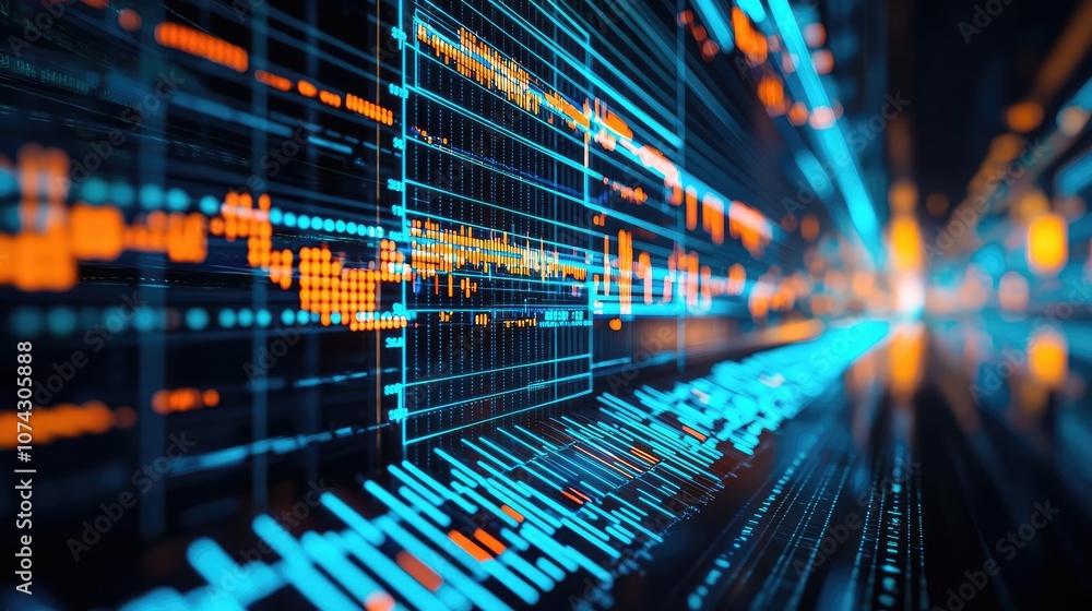 Poster Abstract data visualization with blue and orange lines on a dark background.
