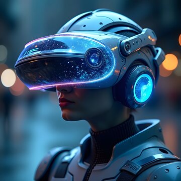 A women in purple headset helmet 
