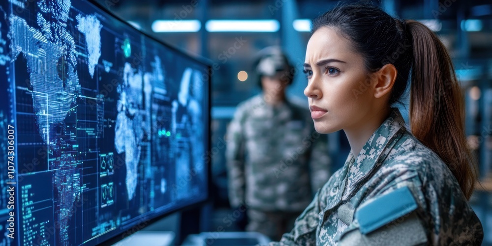 Aufkleber a military officer analyzes data on a large screen in a high-tech command center.