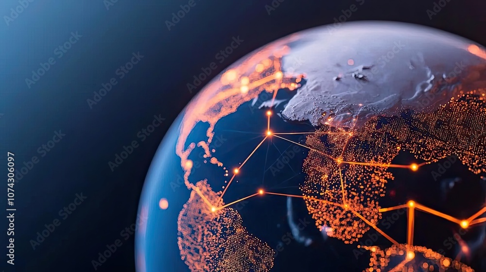 Poster globe with glowing connections, dark background, digital network concept.
