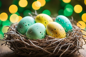 Fototapeta premium Close-up of speckled easter eggs in a birds nest set against a blurred bokeh background, Ai Generated