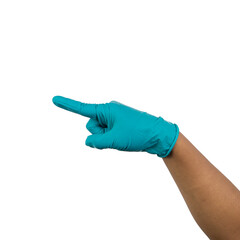 Hand gesture with medical gloves isolated on white background