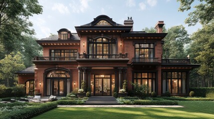Obraz premium Elegant mansion surrounded by lush greenery and well-manicured lawn.