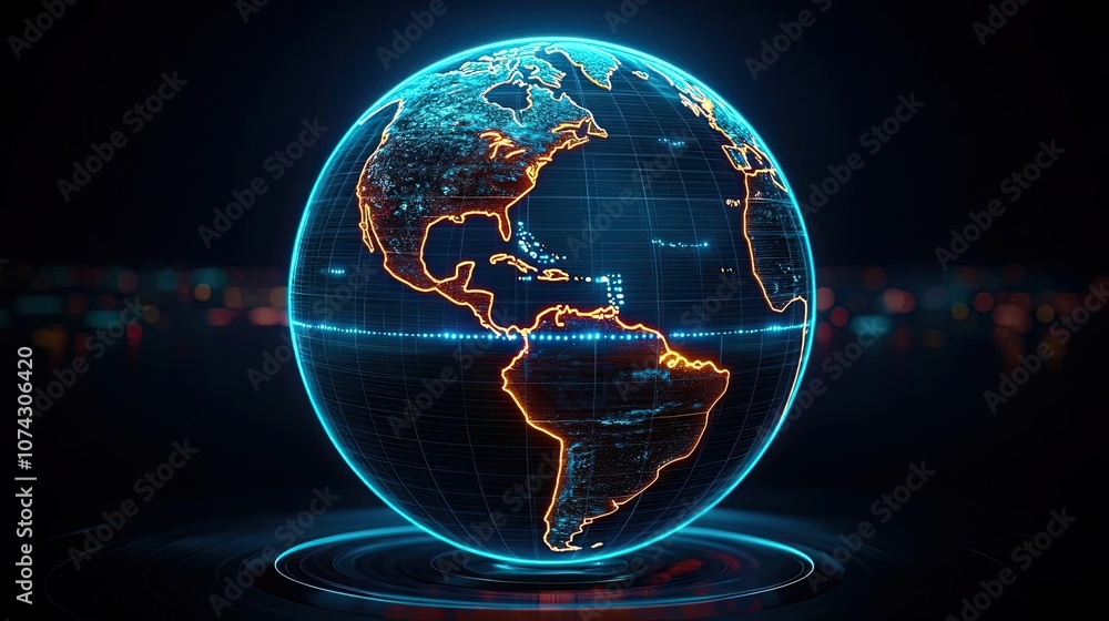 Poster digital globe illustration with glowing lines on dark background, 3d render.