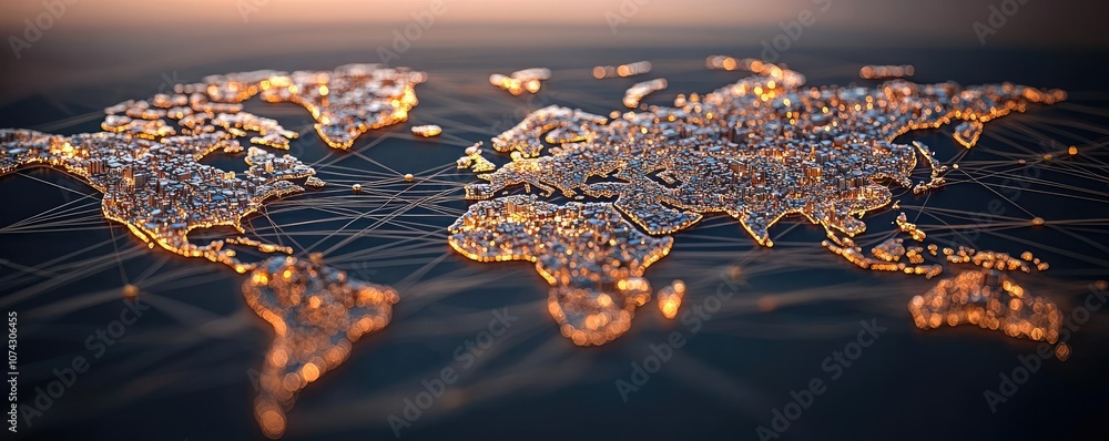 Poster Global network representation with illuminated world map on dark background.