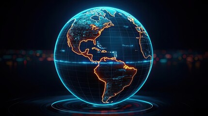 Digital globe illustration with glowing lines on dark background, 3D render.