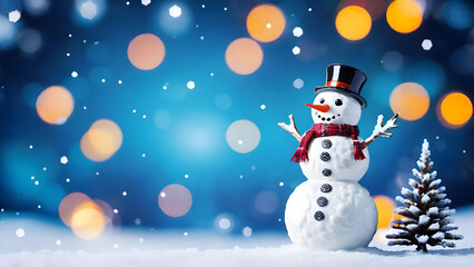 Fototapeta premium Christmas winter background with snow and blurred bokeh. Merry christmas and new year greeting card with copy-space.