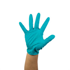 Hand gesture with medical gloves isolated on white background