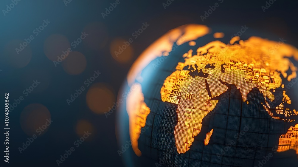 Poster golden globe showcasing world map with shimmering lights in the background.
