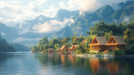 Fototapeta premium Scenic lakeside view with wooden houses and mountains in background.