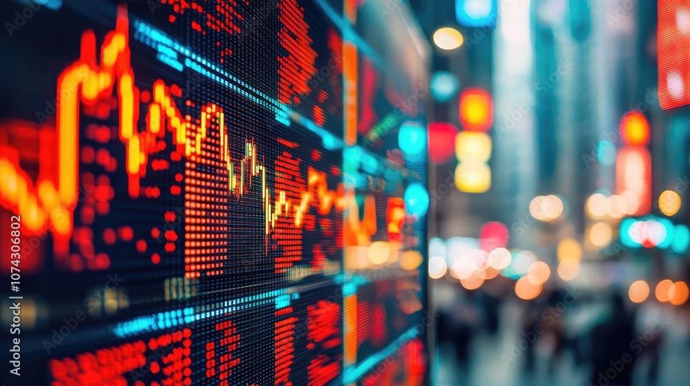 Poster stock market data display with red and green indicators in a bustling urban setting.