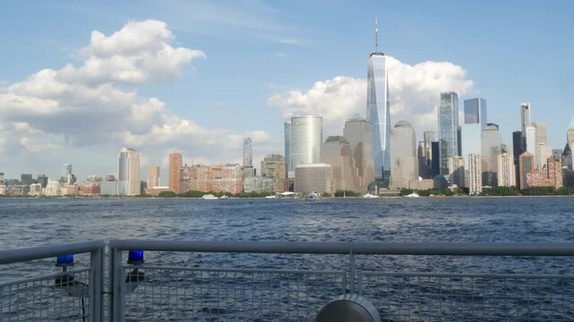 New York City waterfront skyline, Manhattan Downtown Financial district, World Trade Center building, riverfront skyscrapers. From Paulus Hook, New Jersey. United States architecture. Hudson river.