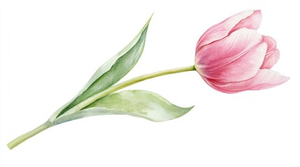 Obraz premium Pink tulip on a stem with green leaves in soft pastel hues Hand painted watercolor artwork Isolated on a white background