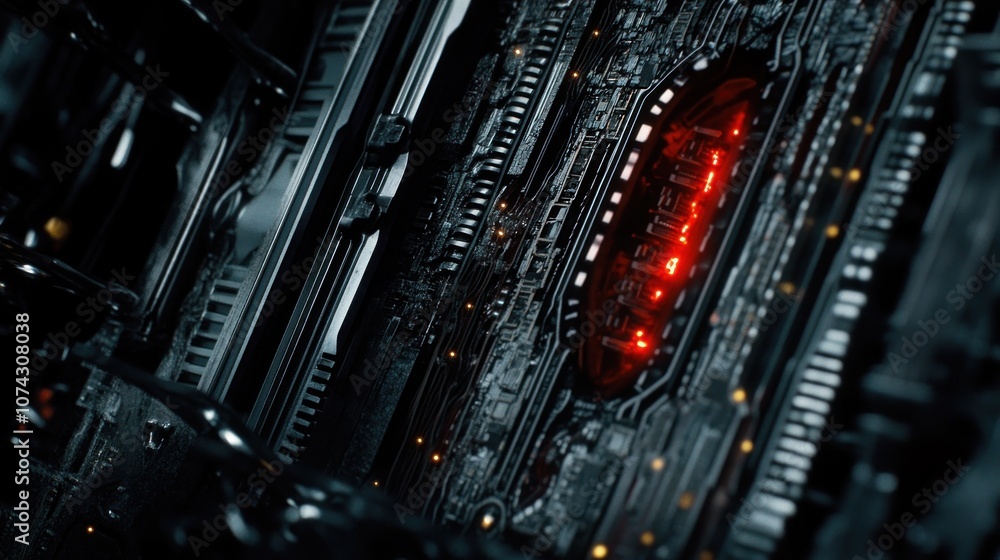 Poster a close-up view of a futuristic, high-tech circuit board with glowing red lights.