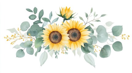 Naklejka premium Watercolor illustration featuring a bouquet of sunflowers eucalyptus leaves and roses ideal for decoration on wedding invitations birthday invites and other celebratory cards