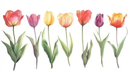 Obraz premium Watercolor illustrations of tulips for botanical spring themed greeting cards and invitation designs