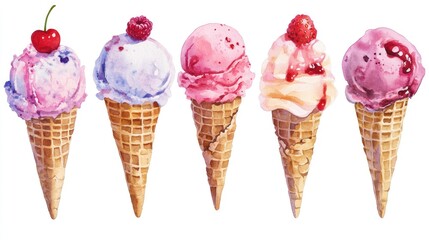 Soft ice cream in a crispy waffle cone featuring strawberry raspberry and cherry flavors Hand painted sweet watercolor illustration isolated on a background suitable for designs menus shop display