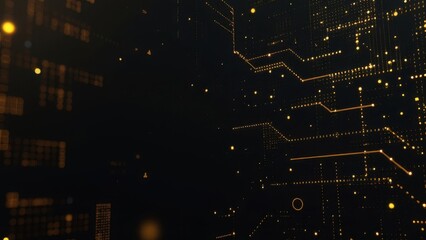 Fototapeta premium Abstract digital background with golden lines and dots on a dark surface. Futuristic technology and data visualization concept with copy space. For tech, AI, and cyber visuals in design and print