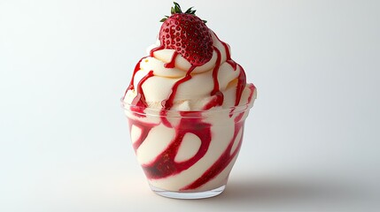 3D ice cream cup with swirls of creamy texture and a fresh strawberry on top, transparent background for a crisp, isolated view