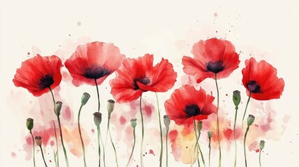 Collection of red poppy flowers illustrated in watercolor on a white backdrop