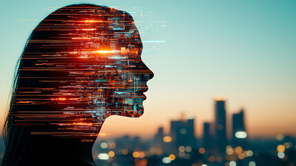 Fototapeta na wymiar Abstract representation of a woman’s profile blended with futuristic technology and city skyline symbolizing the intersection of human potential and digital advancement.