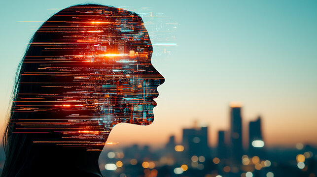 Abstract representation of a woman&rsquo;s profile blended with futuristic technology and city skyline symbolizing the intersection of human potential and digital advancement.
