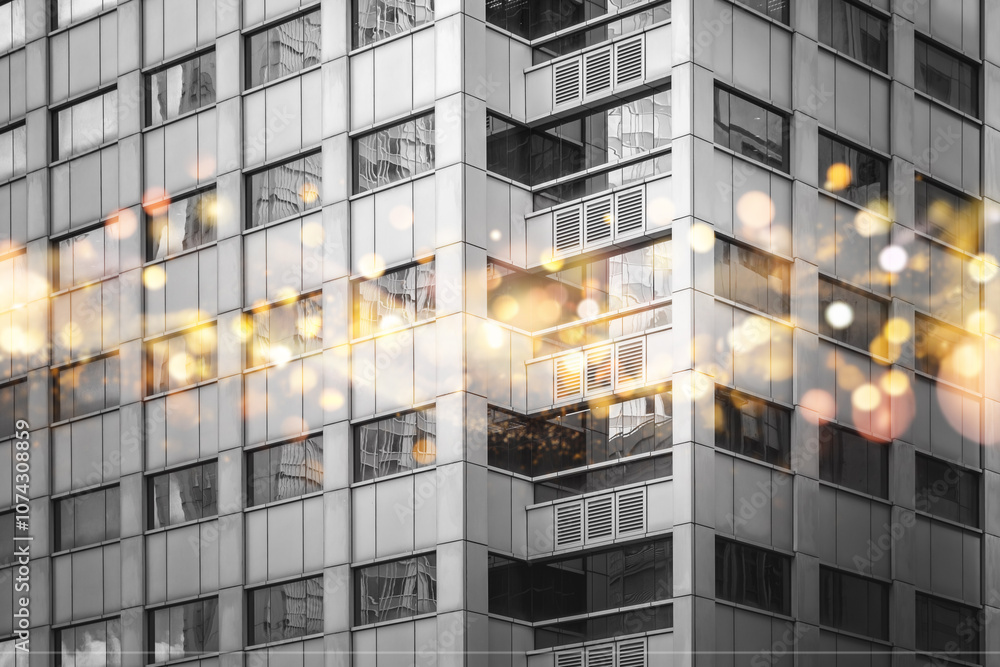 Poster a modern skyscraper with large windows and a blurred light pattern in the foreground.