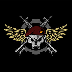 Military theme skull wearing beret with wing and Rifle vector logo template collection