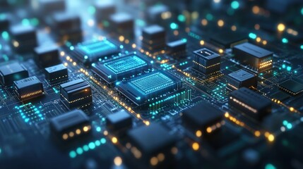 A close-up of a circuit board with glowing components and connections.