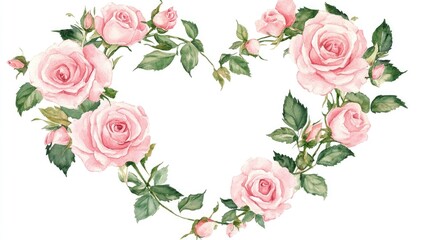 Watercolor pink rose blooms forming a floral heart on a white backdrop