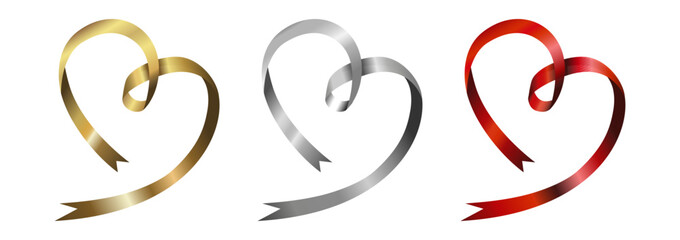 Obraz premium Golden, silver, red of serpentine, ribbon streamer the shape of a heart in isolated on white background. Design element For greeting with Christmas, New Year, Mother's Day, Valentine's