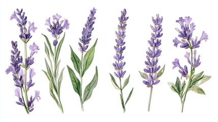 Naklejka premium Watercolor collection of lavender flowers Floral clipart featuring hand drawn botanical illustrations of lavender branches for use in invitations logos cards packaging and labeling